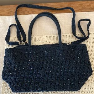 Navy Beaded Macrame Purse Iridescent Bead RemovableStrap